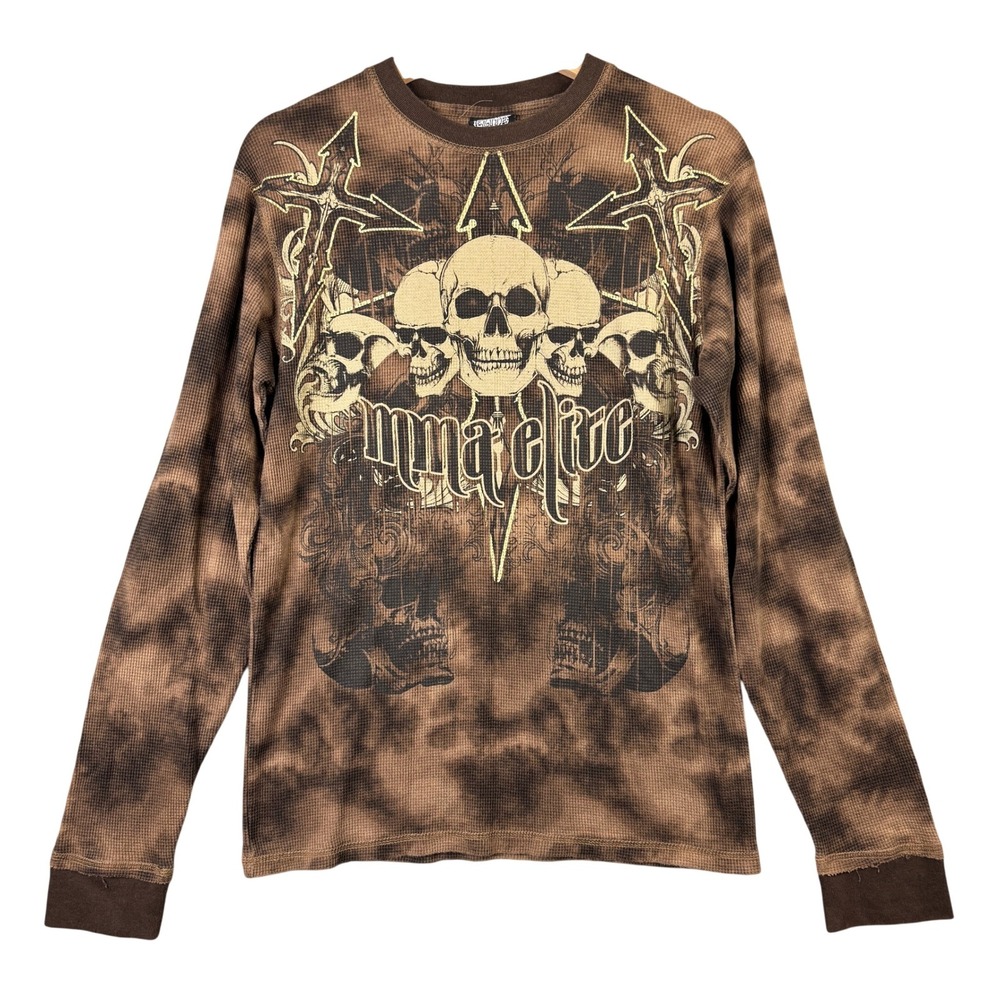 MMA Elite Mens Brown Skulls Graphic Thermal Waffle Knit Long Sleeve Shirt Medium